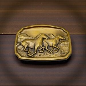 Vintage Solid Brass Belt Buckle With Wild Horses Mustangs by BTS Collectible